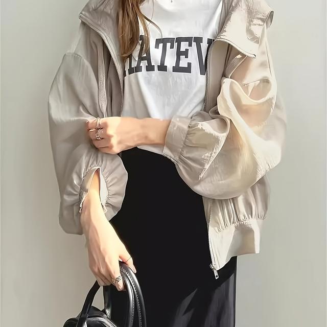 TEMU 女性用軽量通気性フード付きジャケット - 日本風夏の日差し防護パフスリーブ、ホワイトカジュアルアウトドアスポーツウェア、洗濯機可、フード付きテクティブジャケット、パフスリーブトップ、軽量生地