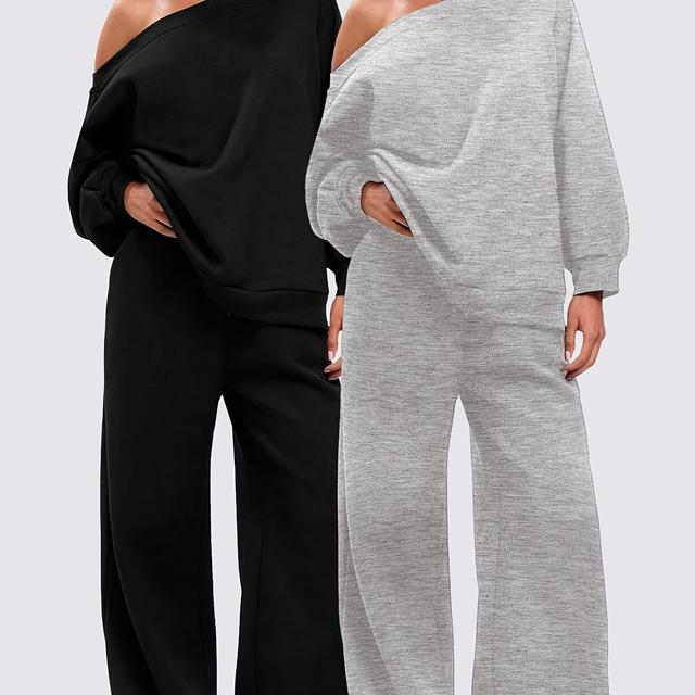TEMU A Set Of 4 Loose-fitting Casual One-shoulder Sweatshirts And Long Pants.