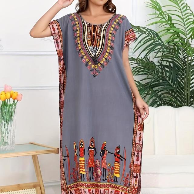 TEMU Bohemisk maxi-kjol för kvinnor - levande stamtryck, löst passform, kort ärm, rund hals, lätt polyester, för sommarlov och strandutflykter, strandkjol.