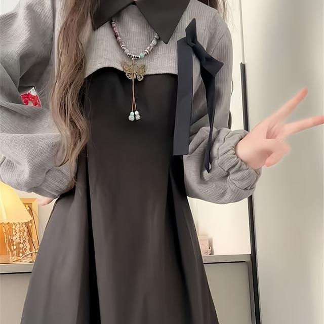 TEMU 早春の服装にのレーシースタイル黒ドレス完全セット