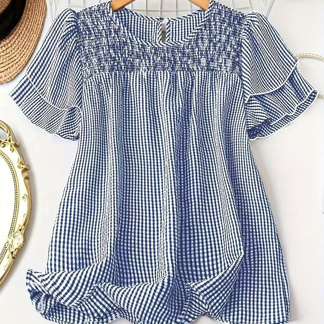 TEMU Women's Plus Size Striped Blouse - Casual Crew Neck, Shirred Detail, Non-stretch Fabric, Pullover Top In Blue And White Check Pattern, Versatile Blouse | Check Pattern Top | Textur