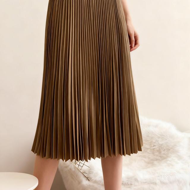 TEMU Women's Khaki Pleated Midi Skirt. High-waisted,, Mid-length Skirt With An Accordion Drape, Autumn And Winter Wear. Ideal For Daily Commutes, Shopping, And Other Casual Occasions