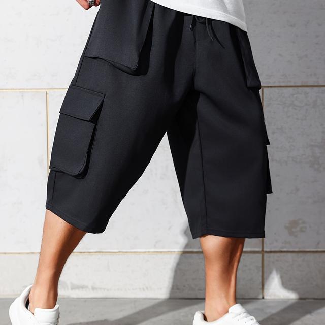 TEMU Men's Plus Size Casual Cargo Capri Pants, Relaxed Fit, Knee-length With Multiple Pockets And Drawstring Waist