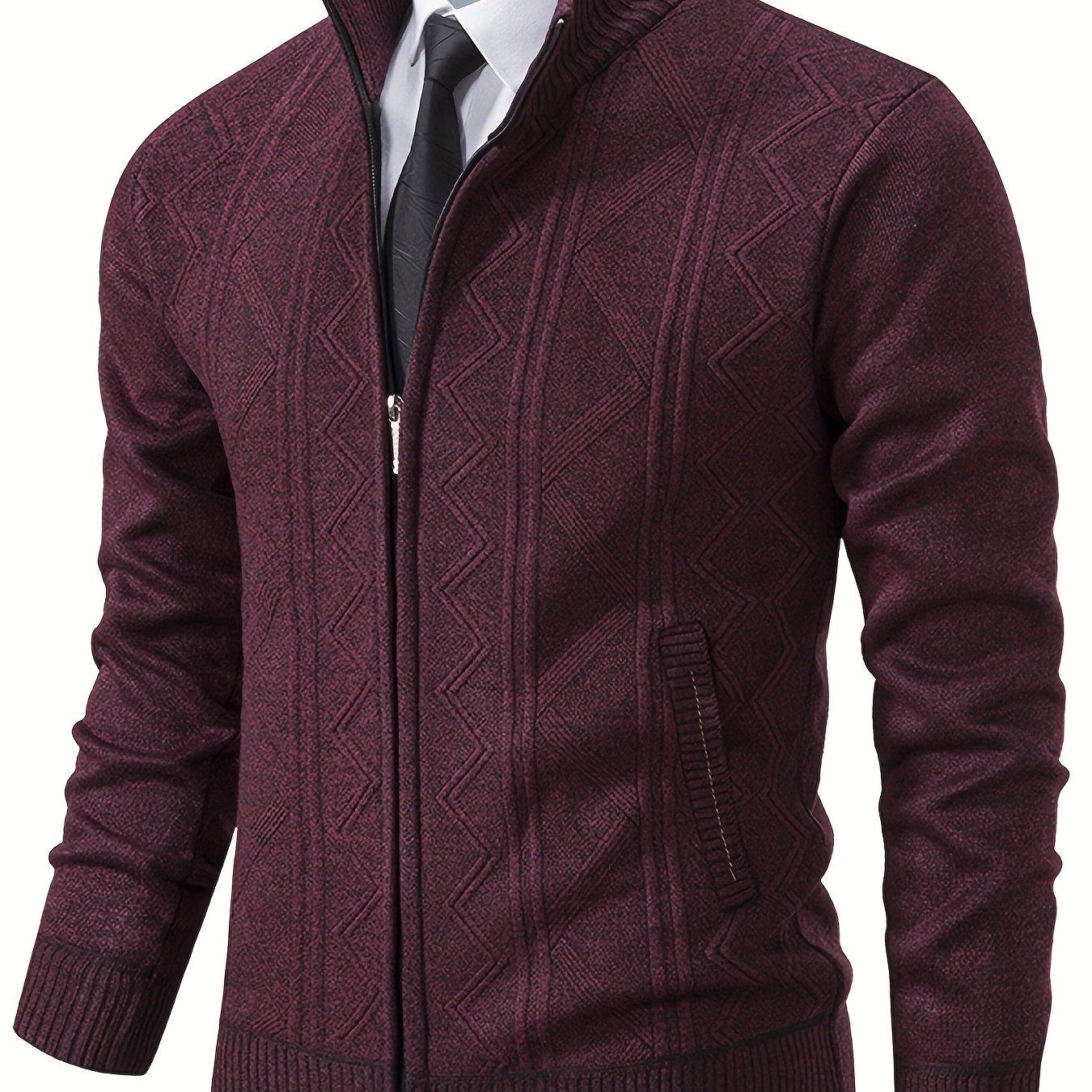 TEMU Men's Full-zip Knitted Jacket - High Neck Warm Winter Coat With Ribbed Hem, Machine Washable Casual Fall Winter Wear, Geometric Pattern Zipper Design