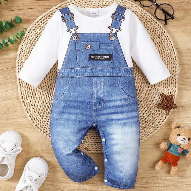 TEMU Pojkars Tvådelad Jumpsuit med Söt Rund Hals Enfärgat Patchwork/Syntetiska Geckotartryck Tvådelad Långärmad Romper Casual Mångsidig Stil, för Utomhusbruk