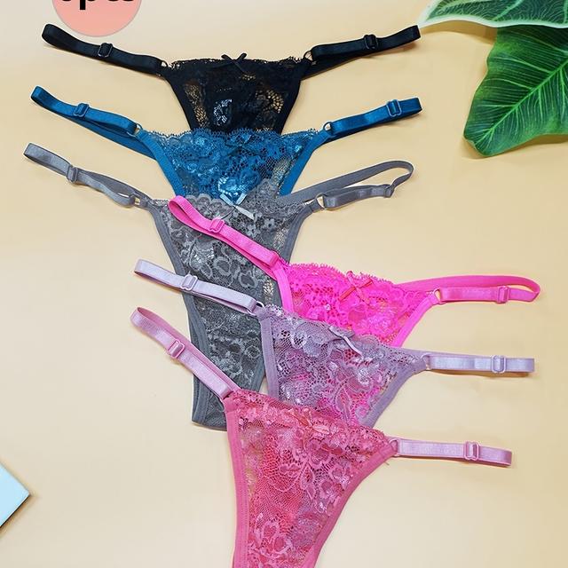 TEMU 6 piezas de tanga ajustable de encaje floral sexy para mujer | Color liso con detalles de , cintura , Marca: ARTDAREN