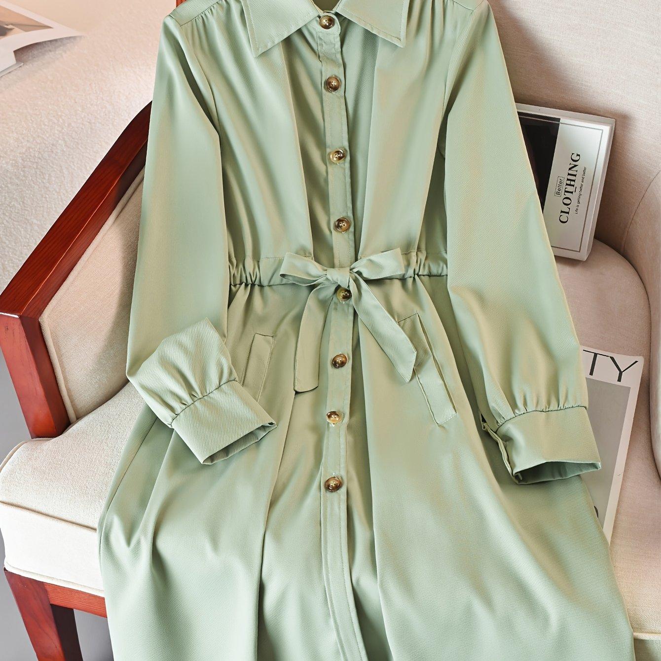 TEMU Neues hellgrünes Shirtkleid mit Taillenband für Damen, Revers-Mittelkleid, temperamentvolles Pendler-Laternärmel-A-Linienkleid, sanfter Stil, altersreduzierendes Arbeitsplatz-Date-Kleid