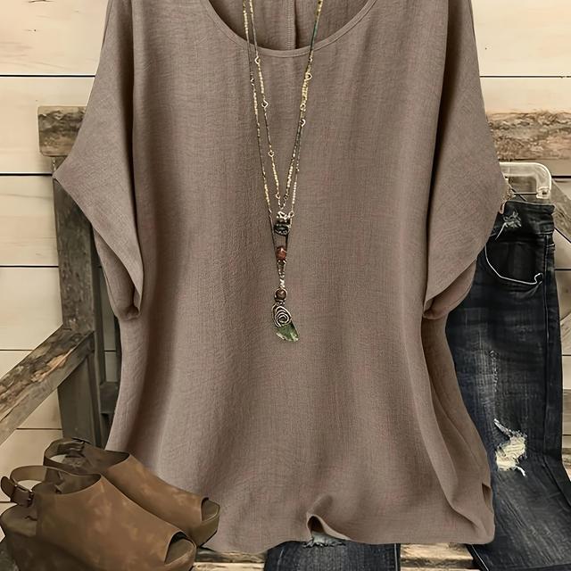 TEMU Plus Size, Plus Size Women's Casual Summer Batwing Sleeve Blouse - Olive Green Solid Color Round Neck Short Sleeve Shirt, Machine Washable & Dry , Collection