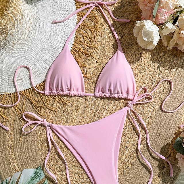 TEMU New European And American Bikini Swimsuit Solid Color Three-point Sexy Swimwear Women's Split Adjustable Straps