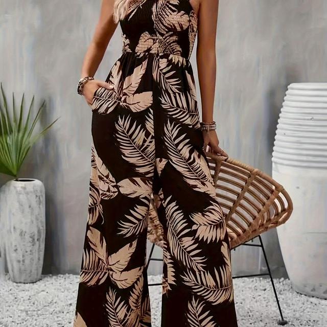 TEMU Macacão elegante tropical para mulher, 100% poliéster, costas com tiras franzidas, tecido tecido, leve 95g/m², roupa casual /verão