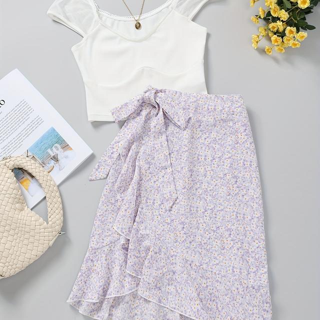 TEMU Conjunto de Media Falda Floral Pequeña de Color Claro para Mujer [ de Primavera]