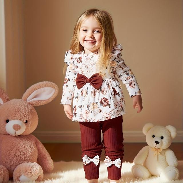 TEMU Girls' Fashion Outfit Floral Print Flutter Sleeve Top + Bow Elastic Pants Set - Cute And Comfortable Two-piece Casual Set For Girls, Perfect For Outdoor