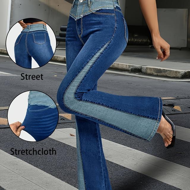 TEMU Fashion Color-block Denim Flared Pants Women's High-waisted And Tall-looking Drape Slim Micro-flared Jeans 2328075