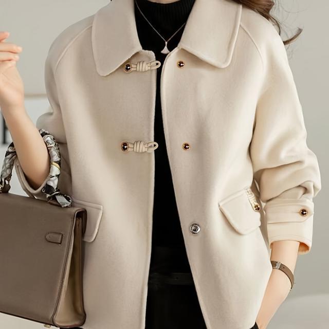 TEMU New Autumn-winter Soft And Elegant Peter Pan Collar Tweed Blazer For Women With Pearl Button Decor, Flap Pockets, Loose Fit,, Versatile Commuter Top