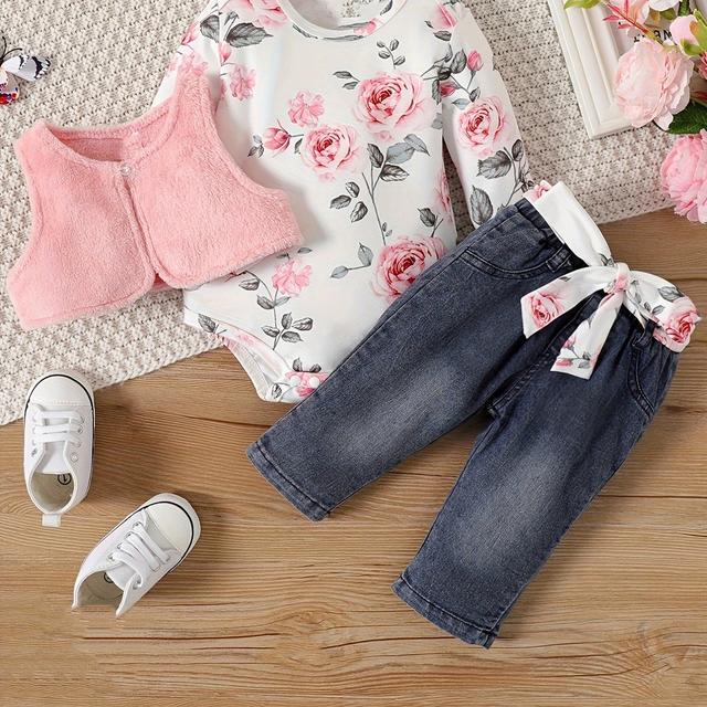 TEMU Infant And Toddler Baby Girl Spring And Autumn Style Floral Print Long Sleeve Triangle Clothes Pink Little Vest Denim Pants 3 Piece Set