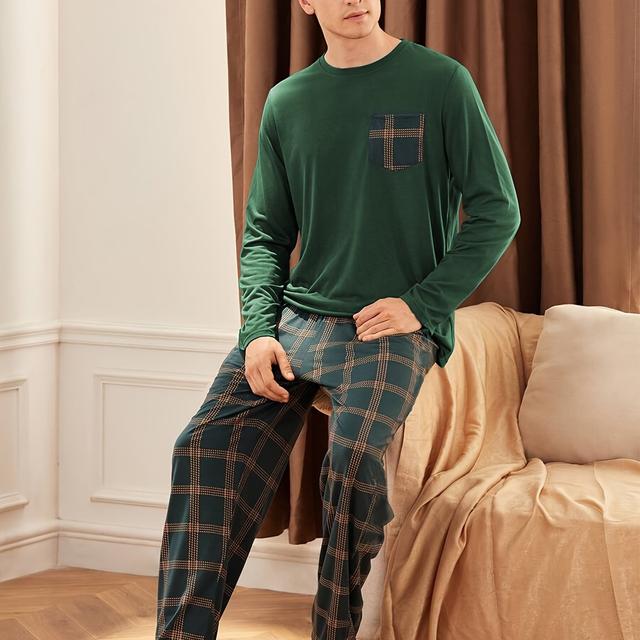 TEMU Men's Dark Green Long-sleeved Shirt With Pockets And Plaid Pants Pajama Loungewear Set