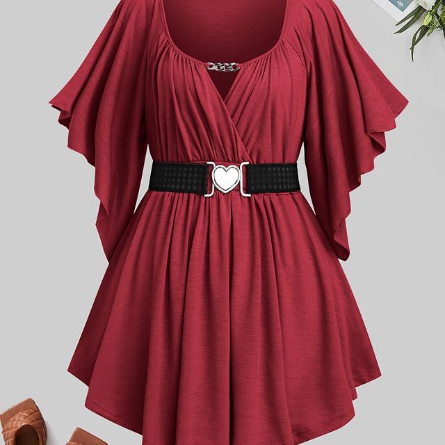 TEMU Women's Plus Size Elegant Metal Heart Belted T-shirt - 100% Polyester Short Sleeve Top With Ruching Detail, Round Neck &