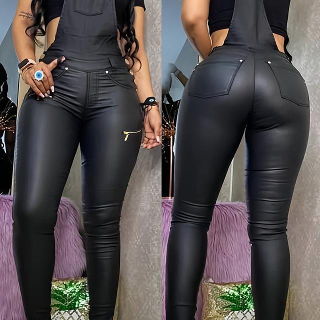 TEMU -border Fashion Casual Women'-colored Pu Beaded Design Long Trousers Style Women's Overalls With Pockets