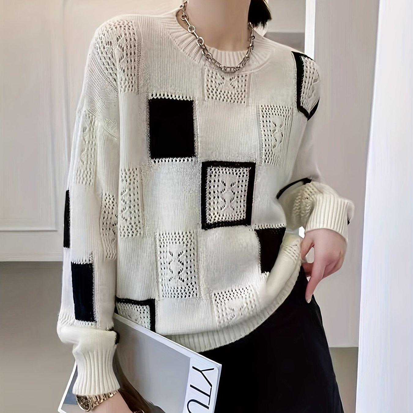TEMU Spring And Autumn Neck Pullover Sweater Women's Loose Color Block Versatile Lazy Hollow Out Elegant Base Layer