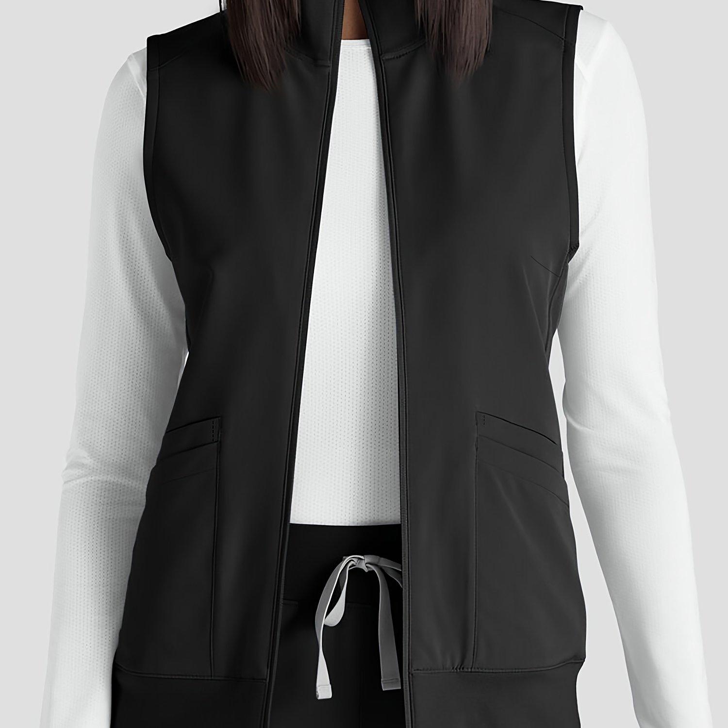 TEMU Women's Nurse Vest, 5-pocket Zippered Design, Ribbed Hem, Non-stretch Fabric For Hospital/clinic Workwear, Versatile Style