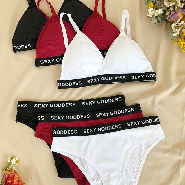 TEMU 3-Kleuren Set, Trendy Streetwear Casual Letter Rugloze Dames Lingerie Comfortabele Push-Up Draadloze BH & Camisole