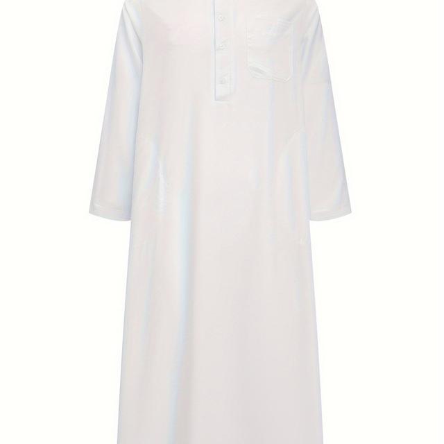 TEMU Bata de Cuello Vintage para Hombre - Larga, Botones, de Poliéster, Sólido, Lavable a Máquina, Estilo Árabe Tradicional para /Verano/Otoño, Regalo para Ancianos, Regalo para Ramadán