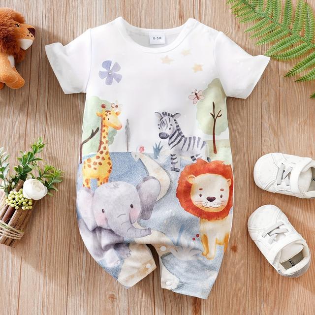 TEMU Baby Jungen Sommer Romper, niedlicher Cartoon Tierdruck, lässiger Kurzarm Outdoor Overall, atmungsaktives Material, Druckknopfverschluss, Babykleidung