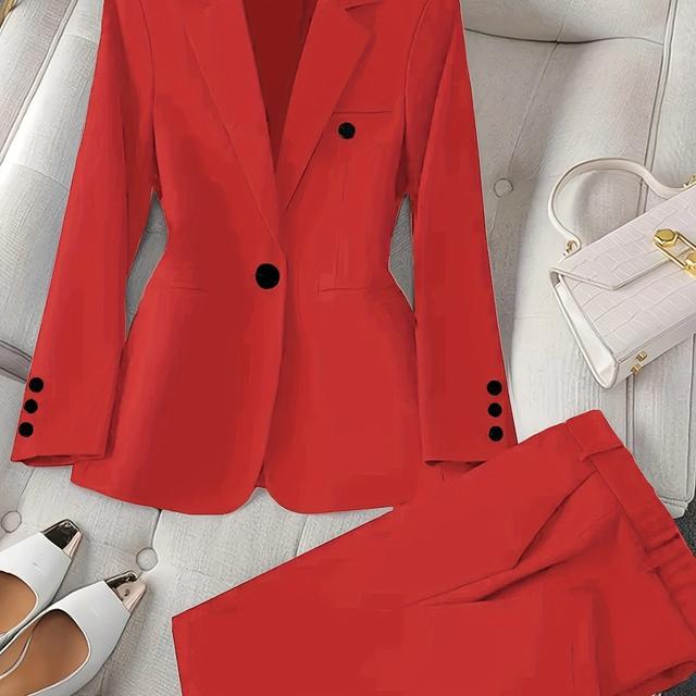 TEMU Casual Two-piece Set: Fashionable Solid Color Long-sleeve Blazer And Trousers Suit