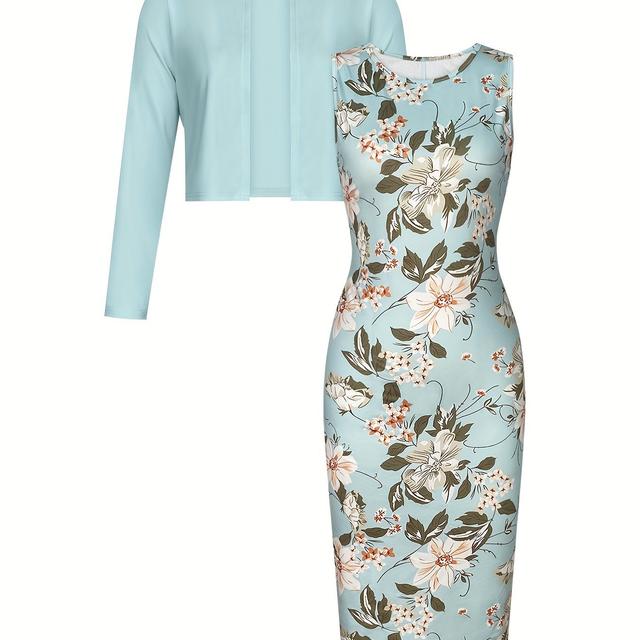 TEMU Elegantes Frühling- & Herbstkleid-Set, einfarbiges, offenes, konserviertes Oberbekleidung, Tankkleid mit Rundhalsausschnitt und Blumenmuster, Damenbekleidung