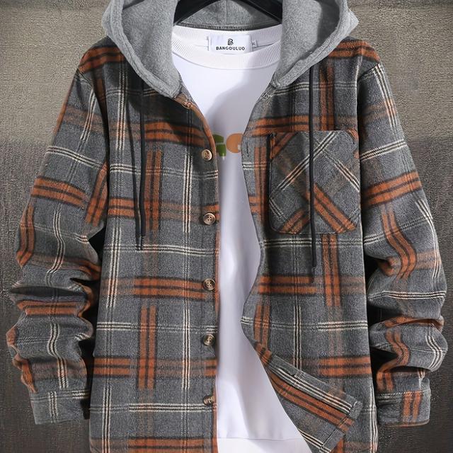 TEMU Christmas Men's Gift Men's Casual Plaid Hooded Contrast Color Harajuku Style Fake Two-piece Long Sleeve Jacket