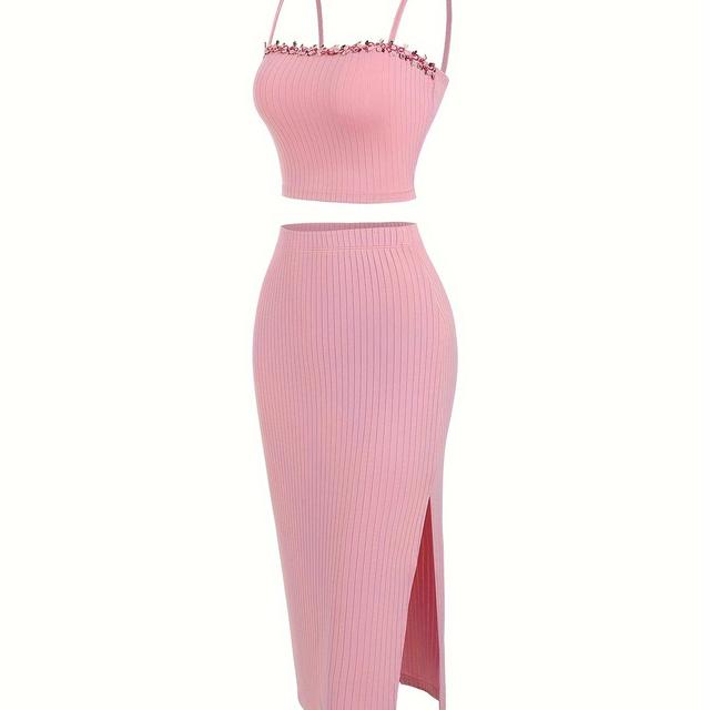 TEMU European And Women's Spring And Summer New Product Embroidered Lace Strap Tank Top And Split Skirt Set