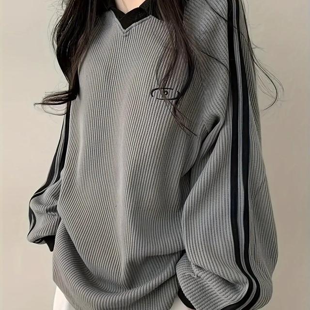 TEMU レディース カレッジスタイル カラー＆トライプ ワフル 長袖Tシャツ - 春夏秋カラーブロック カジュア、最新デザイン ネック シャツ