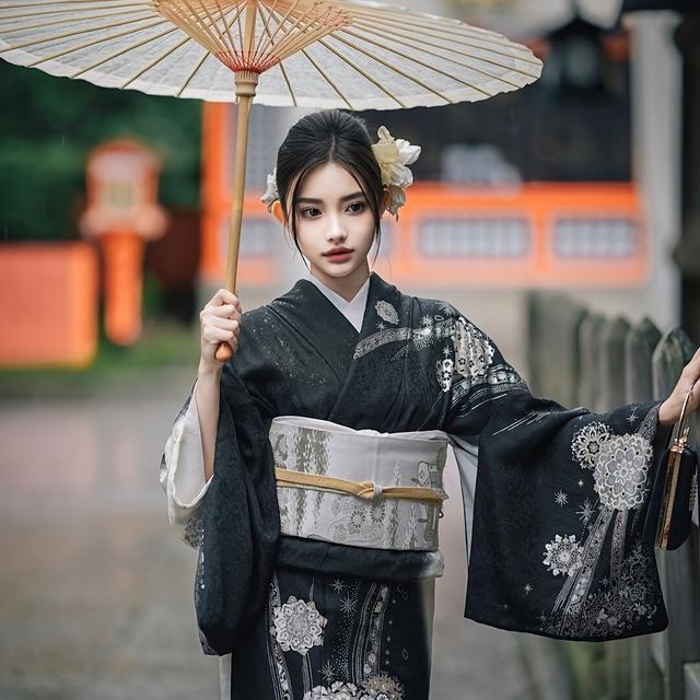 TEMU 【ヴィンテージ】和風着コスチューム - トな伝統的な和装、フリル袖、花柄、ウエストバンド＆扇子付き - 写真撮影、ステージパンス、テーマパーティーに最適 - 本物の和服（レディース＆メンズ） - 文化イベント用