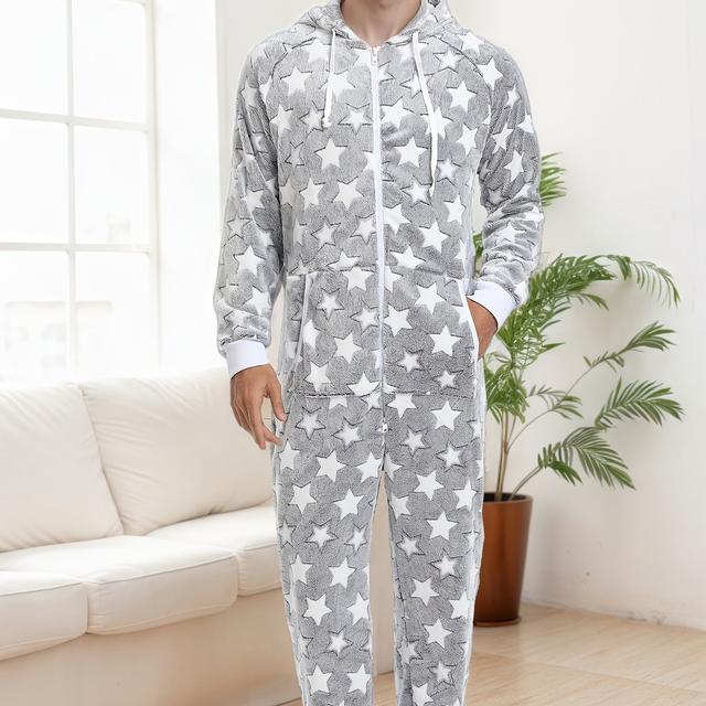 TEMU Herren Plüsch Warme Kapuzen-Einteiler Pyjama mit Sternenmuster für Zuhause