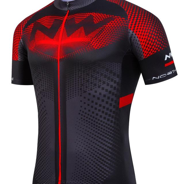 TEMU Men's Breathable Cycling Jersey - Summer Short Sleeve, With "nw" Detail, Moisture Wicking, Zippered Pockets, Ideal For Road Biking & Casual Wear
