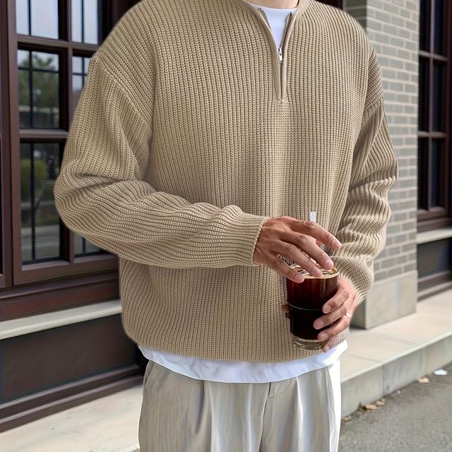 TEMU 남성 패션 V넥 지퍼 디자인 솔리드 컬러 스웨터 드롭 숄더 니트 가을 겨울 캐주얼 스웨터