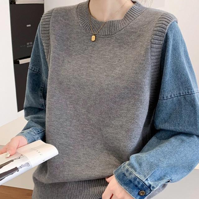 TEMU レディースセーター、プルオーバーセーター、フェイクツーピース、デニムスリーブ、デザインセンス、ススタイル、快適、ファッション、アウター、多用途、ト、長袖、パッチワーク、洗濯機対応、セーター、秋冬向け