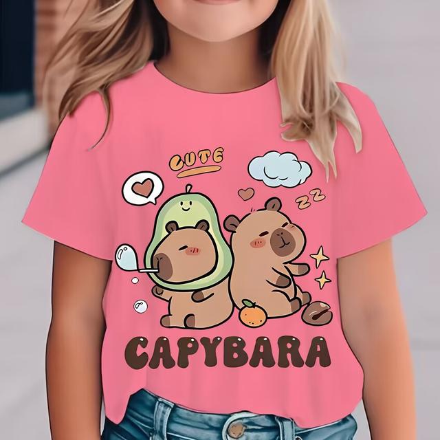 TEMU Uroczy T-shirt z kapibarą, swobodny top, zabawny i uroczy wzór z kreskówką, nowy, uniwersalny T-shirt w stylu kawaii z czarno-białym różowym wzorem