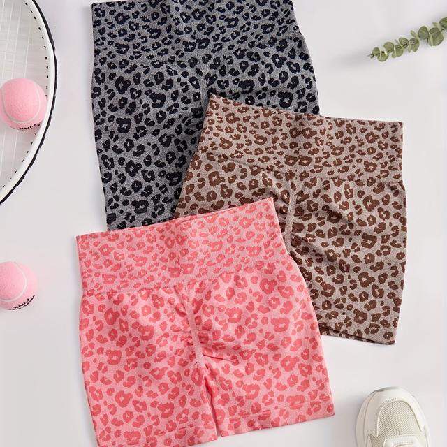 TEMU A Set Of 3 Women's High-waisted Shorts, Perfect For Yoga, Workouts, And Everyday Wear, Featuring A Leopard Print Design For Outdoor Activities
