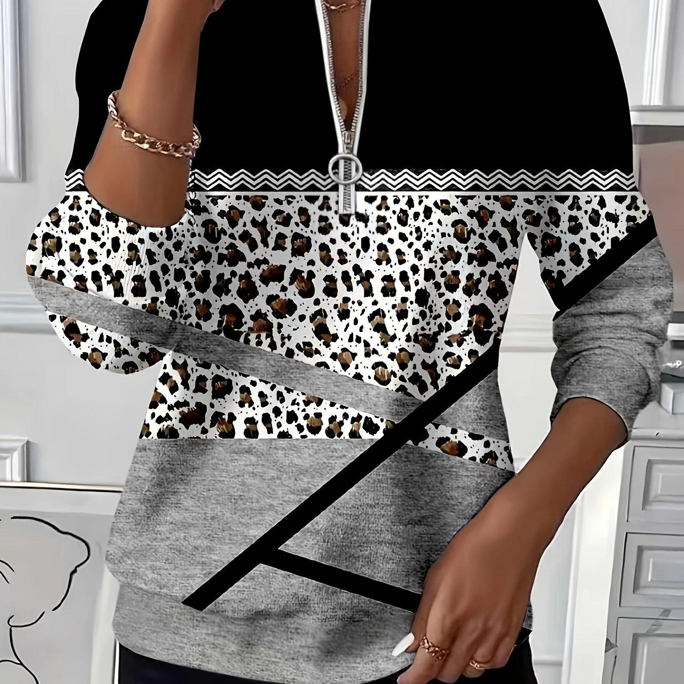TEMU Plus Size, Women's Autumn/winter Casual Long Sleeve Printed V-neck Zip- Size Top