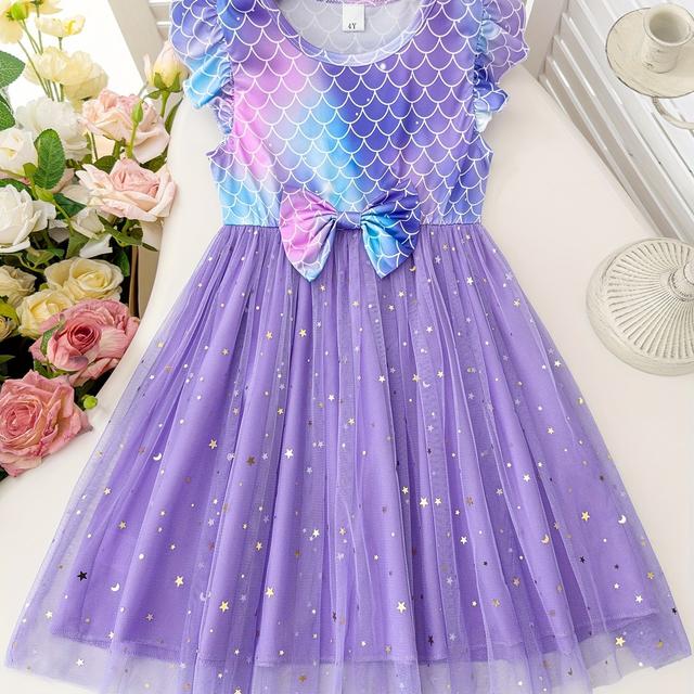 TEMU Robe de princesse sirène tendance pour fille, nouveauté d'été, haut de gamme, avec nœud, étoiles, paillettes, résille, manches papillon et col rond