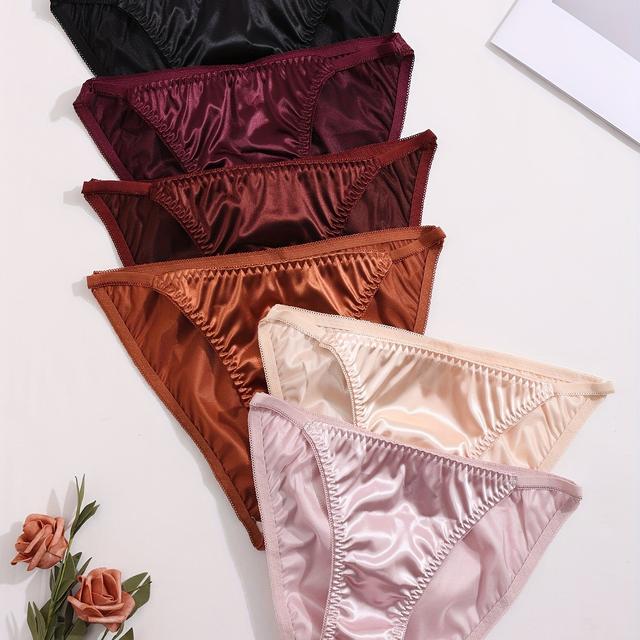 TEMU 6pcs Culottes Plissées Brillantes Taille Haute pour Femmes - Confortables, Extensibles, Sous-vêtements de Couleur Unie , Marron Foncé, Marron , & Rose , Design Froncé