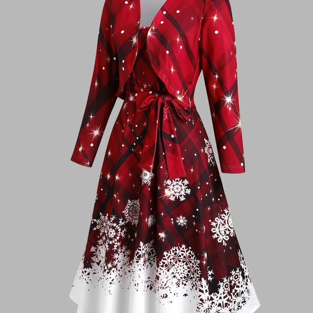 TEMU Vestido Largo de Manga Larga con Estampado Navideño para Mujer, Conjunto Casual de Dos Piezas con Cárdigan y Camisola