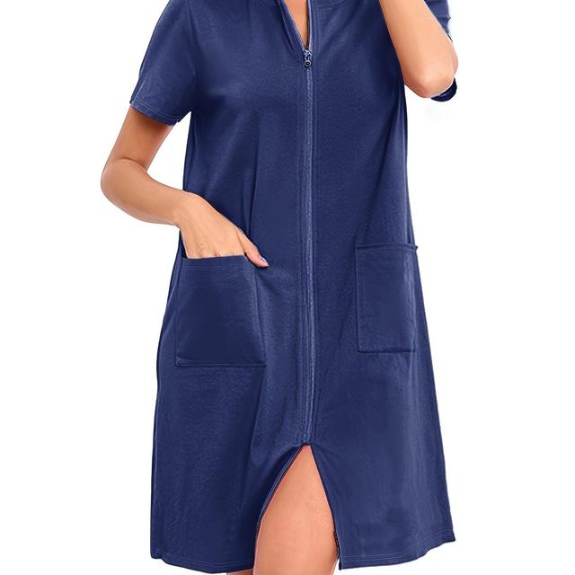 TEMU Women's Comfortable Nightgown - Soft Round Neck Short Sleeve Sleep Dress With Elastic Waist, Machine Washable Pajama Dress In Solid Colors (white/ Grey/navy/black) - Lounge & Wear For S