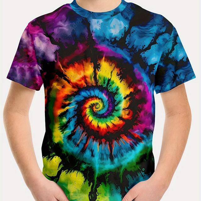 TEMU Kids 3d Spiral Tie-dye T-shirt, Polyester 100 Neck Short Sleeve Tee, Casual Summer Top With Slight Stretch, Regular Fit Pullovers For Children
