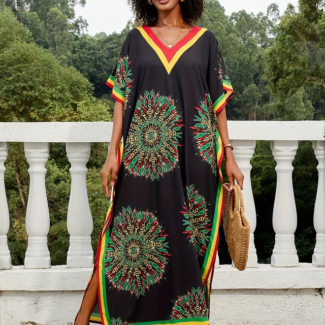 TEMU Women's Bohemian Floral Print Maxi Dress - Loose Fit, Short Sleeve, Round Neck, Lightweight Polyester, Beach And Summer , Beach Attire|bohemian Style|lightweight Dress