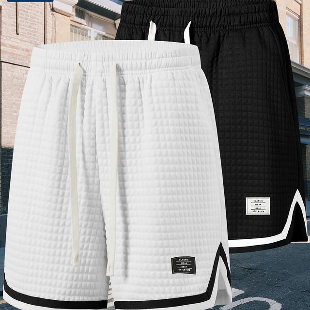 TEMU 2pcs Men's Waffle Texture Cool Shorts - Black With Contrast Stripes & Label Design, Breathable Summer Streetwear Shorts With Drawstring Waist & Pockets, Perfect Gift For Men