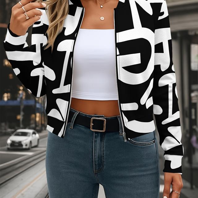 TEMU Black And White Irregular Striped Baseball Collar Jacket