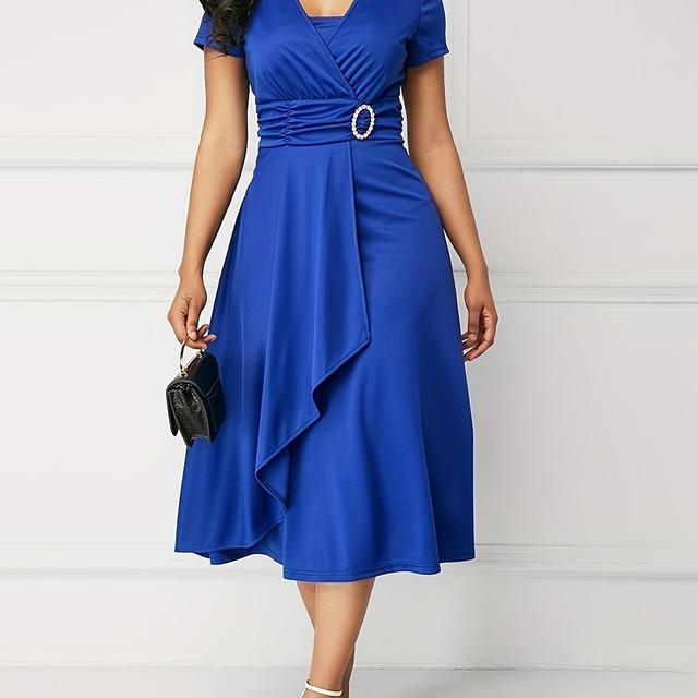 TEMU Elegant Off-shoulder Asymmetrical Mid-length Dress | High-waisted Solid Color Evening Gown For Women, Suitable For Formal Occasions