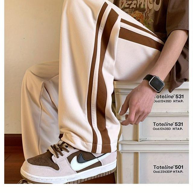 TEMU Nasa Americana Men's Hipster Vintage Sweatpants - Striped Casual Joggers With Side Pockets, Regular Fit Spring Casual Pants, Hand Wash/, Casual Attire | Relaxed Fashion | Beige Accent Design